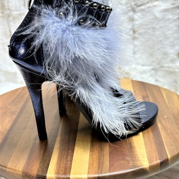 * Cape Robbin Metallic Blue T trap High Heel Shoes with Feather Accents - Picture 5 of 11